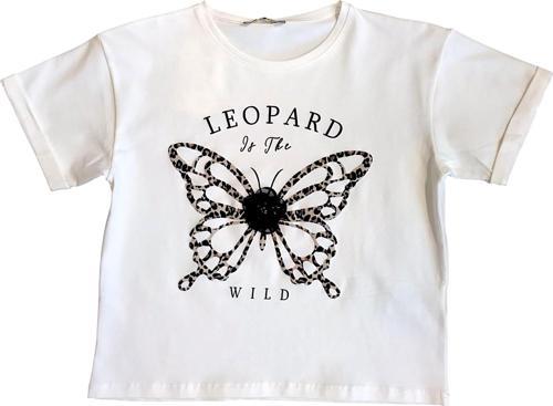 Kız Çocuk Leopar Baskılı Çiçek Aksesuarlı Tshirt