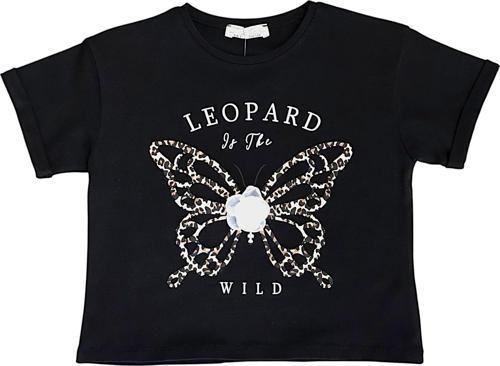 Kız Çocuk Leopar Baskılı Çiçek Aksesuarlı Tshirt