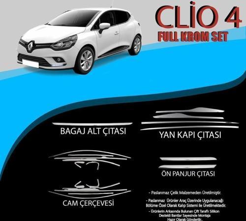 Renault Clio Uyumlu 4 Cam Çerçevesi-Yan Kapı Çıtası-Ön Panjur Çıtası-Bagaj Alt Çıtası Krom Set Parça Clio 4 (2012-2019)