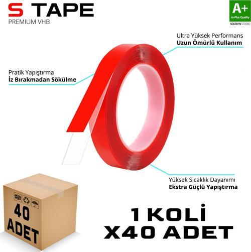 S-Dizayn Çift Taraflı Bant 10mm x 33 Metre Şeffaf Silikon VHB Bant 40'lı Koli A+Kalite