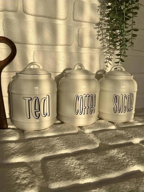 3'lü Porselen 1400ml Tea/Coffee/Sugar Kavanoz Seti