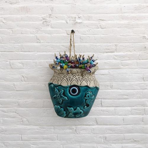 El Yapımı Nazar Boncuklu Deniz Temalı Saksı Duvar Süsü Duvar Aksesuarı