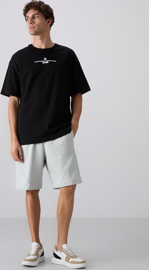Sıyah/Beyaz Pamuklu Kalın Yumuşak Dokulu Oversize Fit Baskılı Erkek T-Shirt - 88321