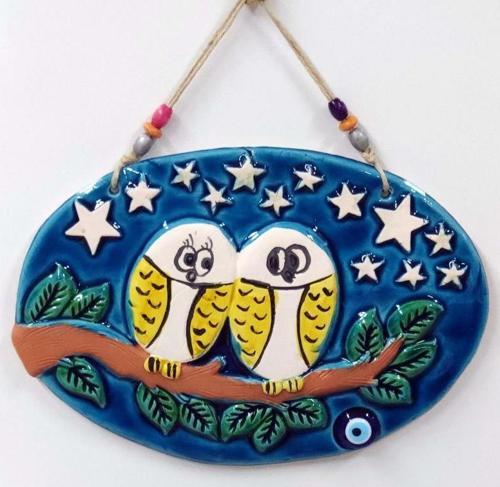 Seramik Aşık Baykuşlar Nazarlık Dekor ve Duvar Süsü 33x23 cm
