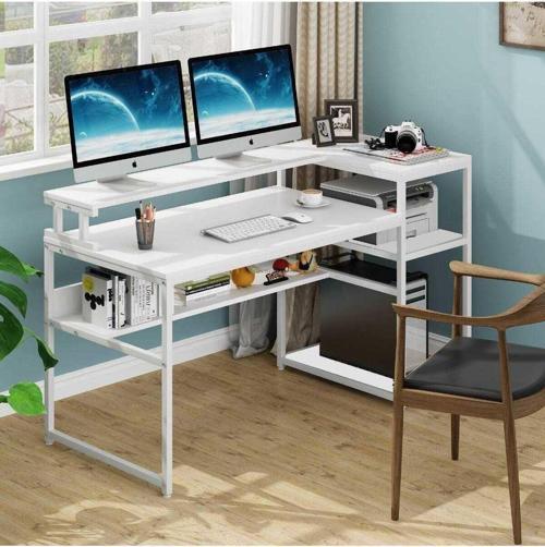Tasarım Monitör Raflı Kitaplıklı Beyaz Çalışma Masası