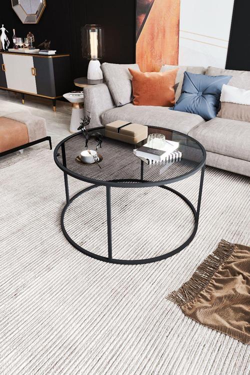 - Startis Orta Sehpa 80 Cm Modern Tasarım Yuvarlak Füme Cam Ve Metal Orta Sehpa Orta Masa