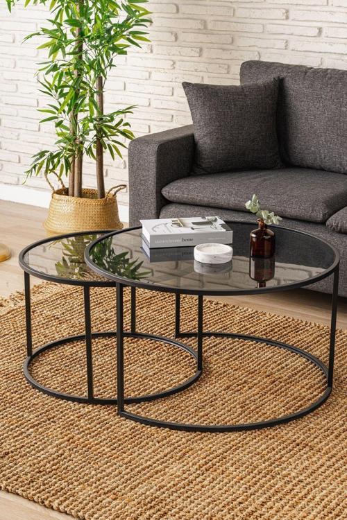 - Tokyo Orta Sehpa 80 cm Yuvarlak Füme Kırılmaz Cam 2 li Sehpa Takımı