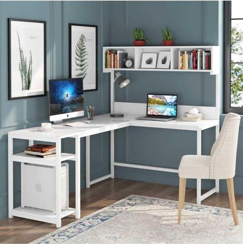 Tasarım Beyaz L Model Kitaplıklı Çalışma Masası