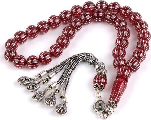 Ateş Kehribar 925Ayar Gümüş Çakım ve Püskül Küre Kesim 8mm Tesbih