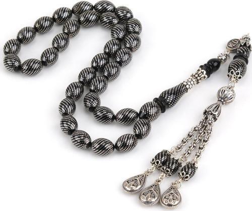 Kuka 925Ayar Gümüş Çakım ve Püskül, Gümüş Nakkaş İmame Beyzi Kesim 9x12mm Tesbih