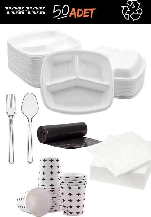 50 Adet 3 Gözlü Köpük Tabak/Tabildot Set