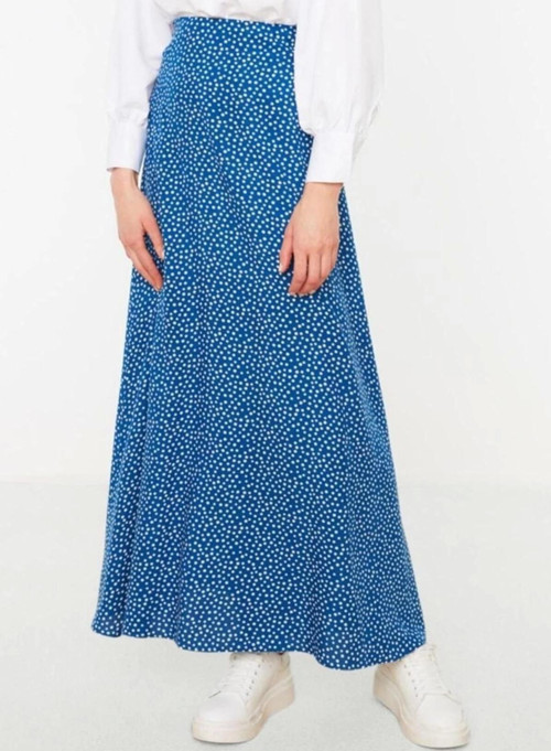 Moda Tesettür Regular Çiçekli Desen Günlük Maxi Boy Puantiye Desenli Çan Dokuma Etek
