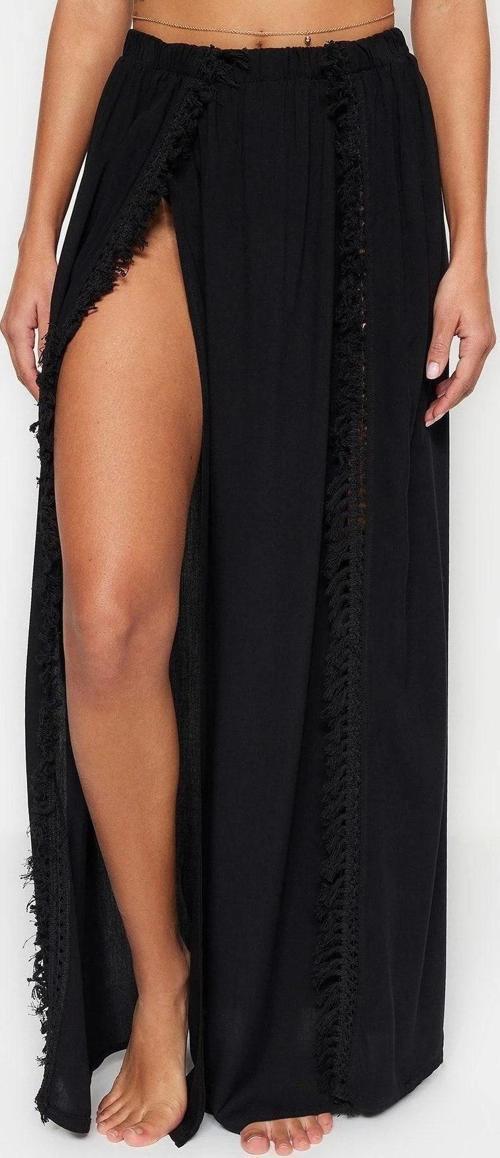 Moda Yırtmaçlı Düz Desen Plaj Maxi Boy Haki Maxi Dokuma Püsküllü Etek