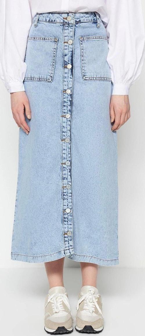 Moda Yüksek Bel Düz Desen Günlük Maxi Boy Koyu İndigo Çift Cepli Yüksek Bel Denim Kot Etek