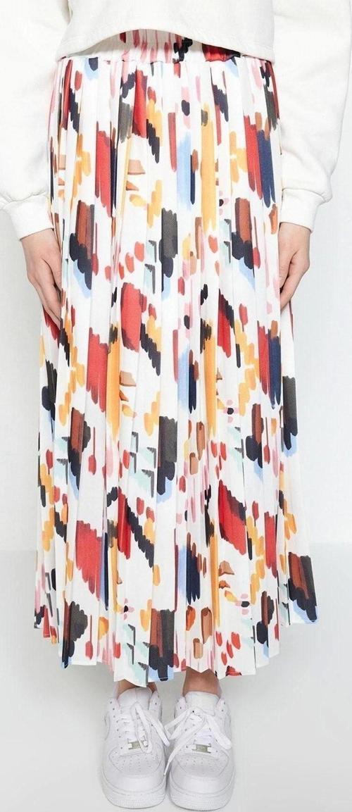 Moda Tesettür Regular Geometrik Desen Günlük Maxi Boy Geniş Piliseli Beli Lastikli Dokuma Etek
