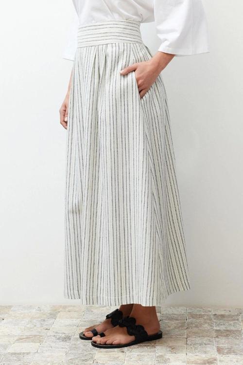 Moda Tesettür Regular Çizgili Desen Günlük Maxi Boy Çizgili Cep Detaylı Keten Görünümlü Dokuma Etek
