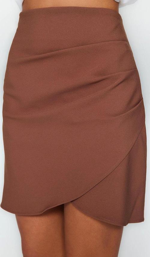 Moda Regular Düz Desen Günlük Mini Boy Büzgü Detaylı Kruvaze Mini Dokuma Etek