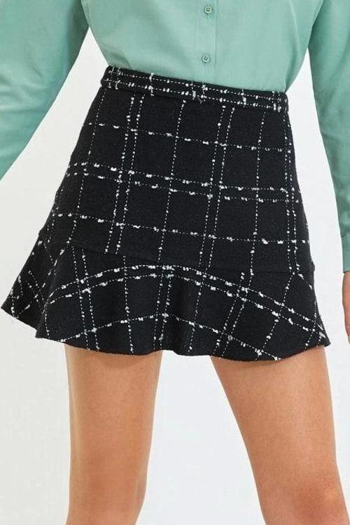 Moda A-line Ekose Desen Günlük Mini Boy Etek Ucu Volanlı Tüvit Kumaş Mini Boy Dokuma Etek