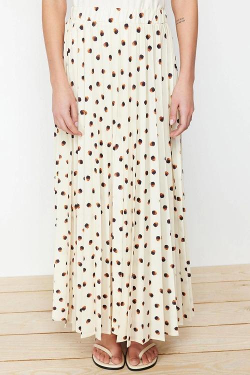 Moda Tesettür Regular Puantiyeli Günlük Maxi Boy Astarlı Animal Puantiyeli Piliseli Dokuma Etek