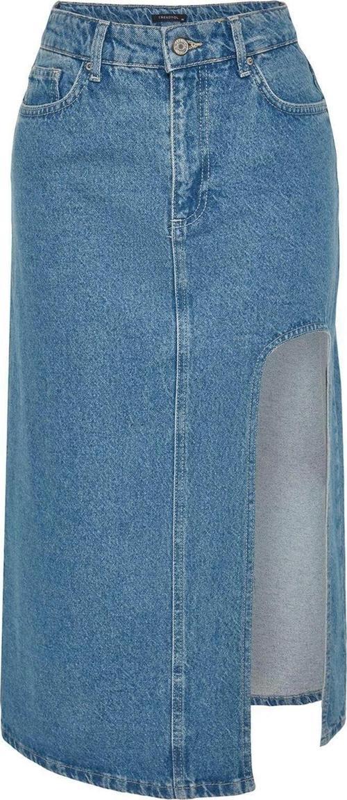 Moda Denim Düz Desen Günlük Maxi Boy Yırtmaçlı Midi Denim Etek