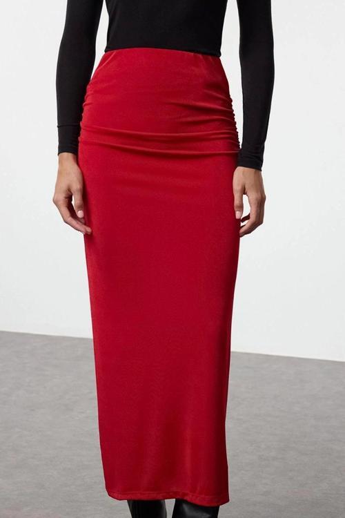 Moda Regular Günlük Maxi Boy Premium Parlak Yüzeyli ve Yumuşak Dokulu Drapeli Maxi Örme Etek