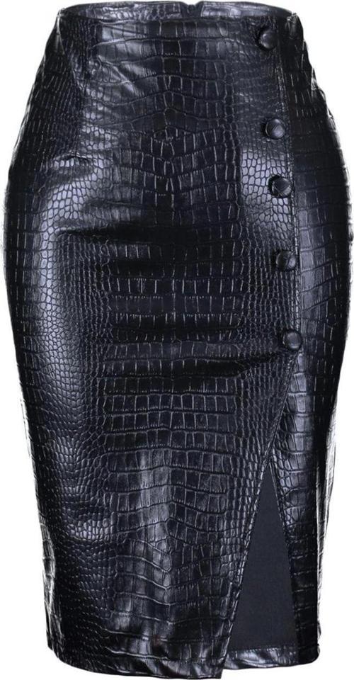 Moda Kalem Düz Desen Şık Gece Midi Boy Suni Yılan Derisi Yırtmaç Detaylı Midi Dokuma Etek