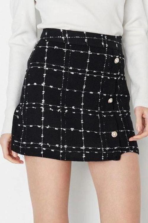 Moda Regular Ekose Desen Günlük Mini Boy Düğme Detaylı A-line Tüvit Kumaş Mini Boy Dokuma Etek