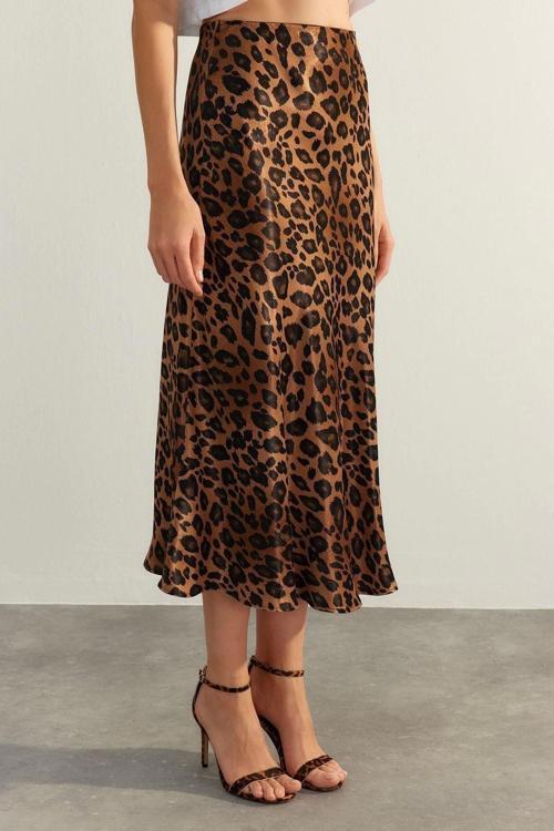 Moda Regular Animal Desen Resmi Midi Boy Premium Yüksek Kalite Hayvan Desenli Saten Midi Dokuma Etek