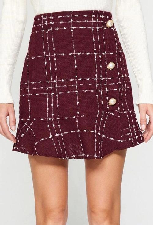 Moda Flare Ekose Desen Günlük Mini Boy Düğmeli Tüvit Kumaş Etek Ucu Volanlı Mini Dokuma Etek