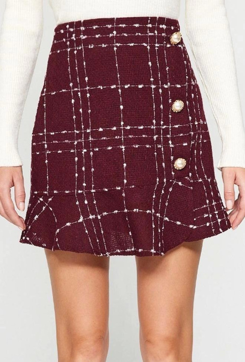 Moda Flare Ekose Desen Günlük Mini Boy Düğmeli Tüvit Kumaş Etek Ucu Volanlı Mini Dokuma Etek