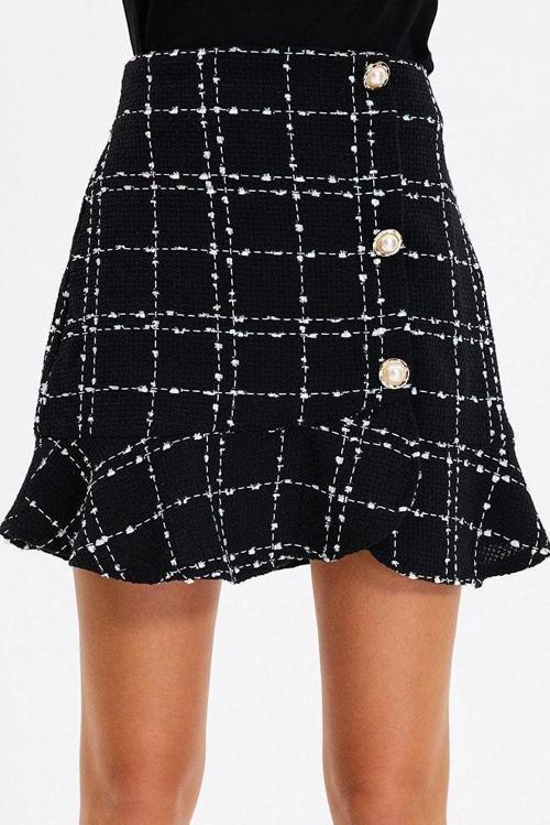 Moda Flare Ekose Desen Günlük Mini Boy Düğmeli Tüvit Kumaş Etek Ucu Volanlı Mini Dokuma Etek