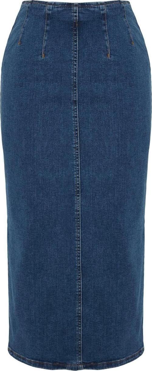 Moda Regular Düz Desen Günlük Midi Boy Dikiş Detaylı Midi Kalem Denim Etek