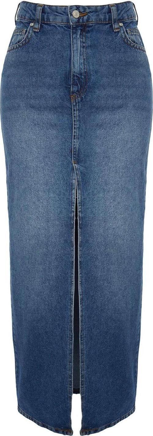 Moda Regular Düz Desen Günlük Maxi Boy Yırtmaçlı Maxi Denim Etek