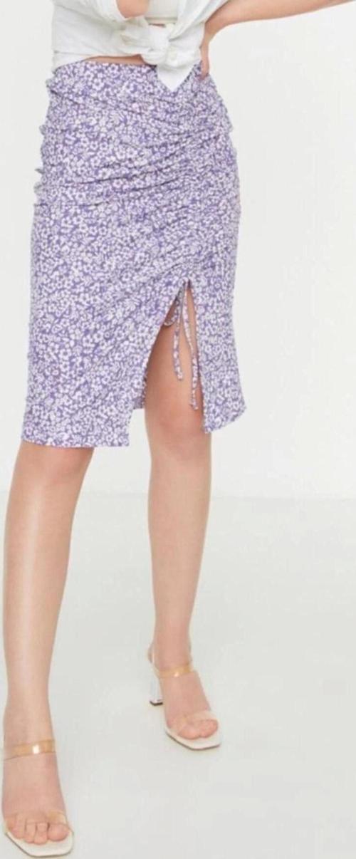 Moda Slim Günlük Midi Boy Baskılı Büzgülü ve Yırtmaçlı Fitted Vücuda Oturan Yüksek Bel Örme Etek