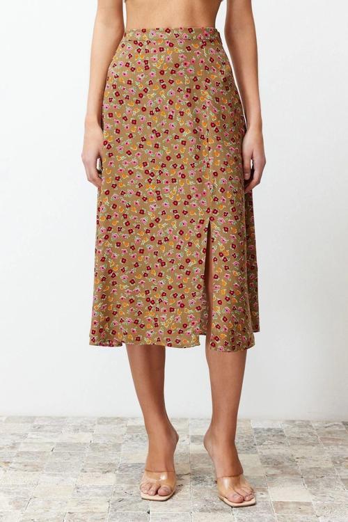 Moda A-line Çiçekli Desen Günlük Midi Boy Yırtmaç Detaylı Viskon Kumaşlı Midi Dokuma Etek