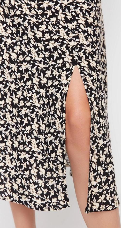 Moda A-line Çiçekli Desen Günlük Midi Boy Yırtmaç Detaylı Viskon Kumaşlı Midi Dokuma Etek