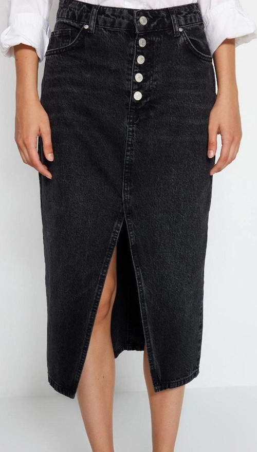 Moda Regular Düz Desen Günlük Midi Boy Önden Düğmeli Yırtmaçlı Midi Denim Etek