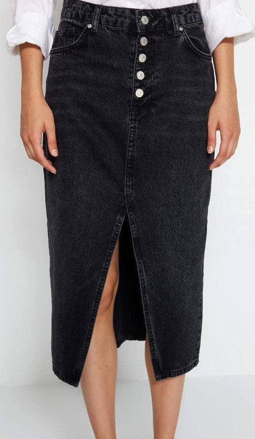 Moda Regular Düz Desen Günlük Midi Boy Önden Düğmeli Yırtmaçlı Midi Denim Etek