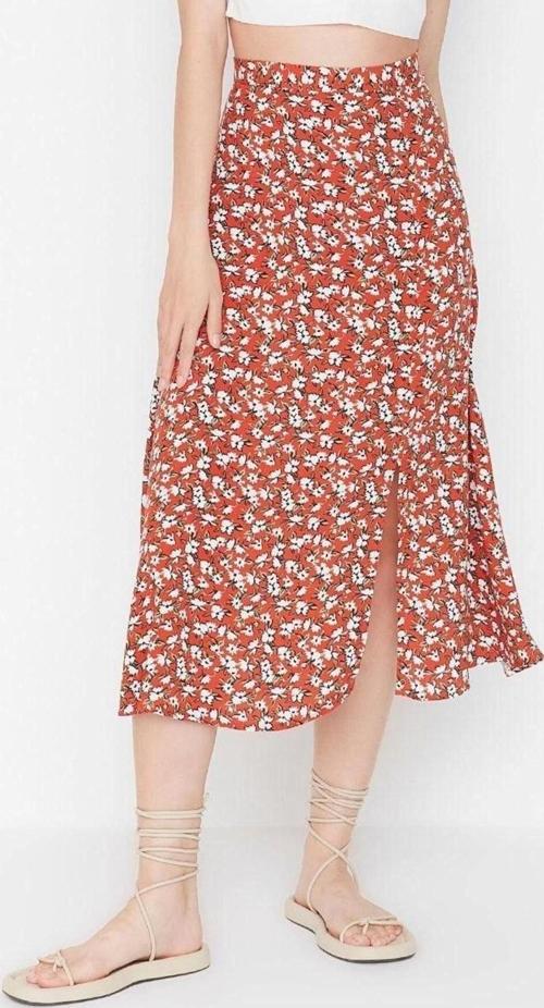 Moda A-line Çiçekli Desen Günlük Midi Boy Yırtmaç Detaylı Viskon Kumaşlı Midi Dokuma Etek