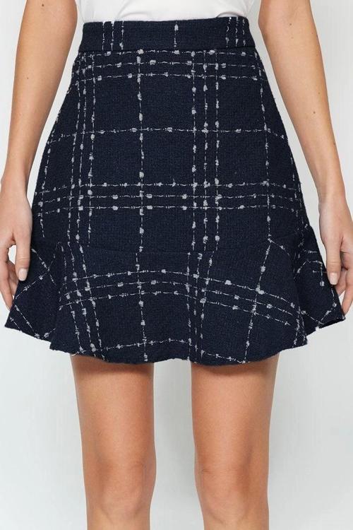 Moda A-line Ekose Desen Günlük Mini Boy Etek Ucu Volanlı Tüvit Kumaş Mini Boy Dokuma Etek