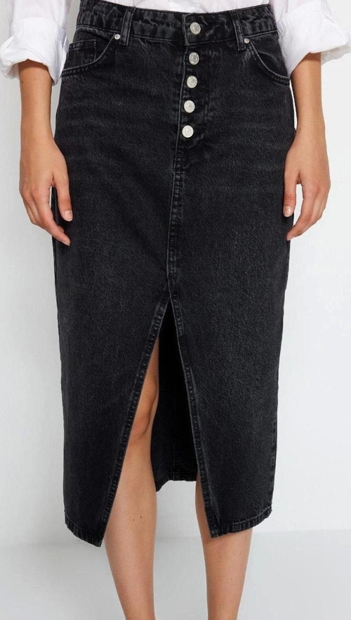 Moda Regular Düz Desen Günlük Midi Boy Önden Düğmeli Yırtmaçlı Midi Denim Etek