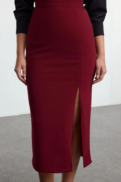 Modern Tarz Astarsız Örme Maxi Boy Leopar Baskılı Smart Krep Yırtmaç Detaylı Yüksek Bel Esnek Etek