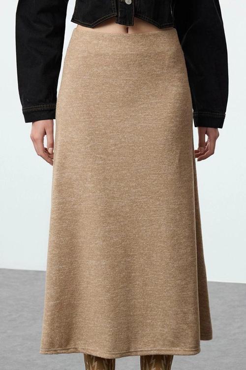 Moda Regular Düz Desen Günlük Maxi Boy Yüksek Bel Kloş Form Yumoş Örme Etek