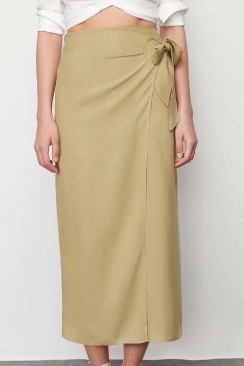 Moda Regular Düz Desen Günlük Maxi Boy Bağlamalı Kruvaze Kapama Viskon Kumaşlı Maxi Boy Dokuma Etek