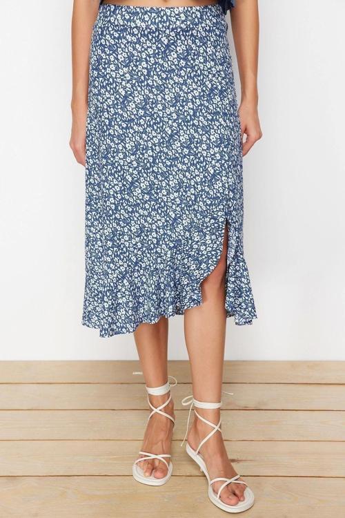 Moda Regular Puantiyeli Günlük Midi Boy Baskılı Büzgü Detaylı ve Volanlı Yüksek Bel Esnek Örme Etek