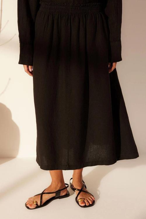 Moda Denim Düz Desen Günlük Midi Boy %100 Keten Beli Lastikli Midi Etek