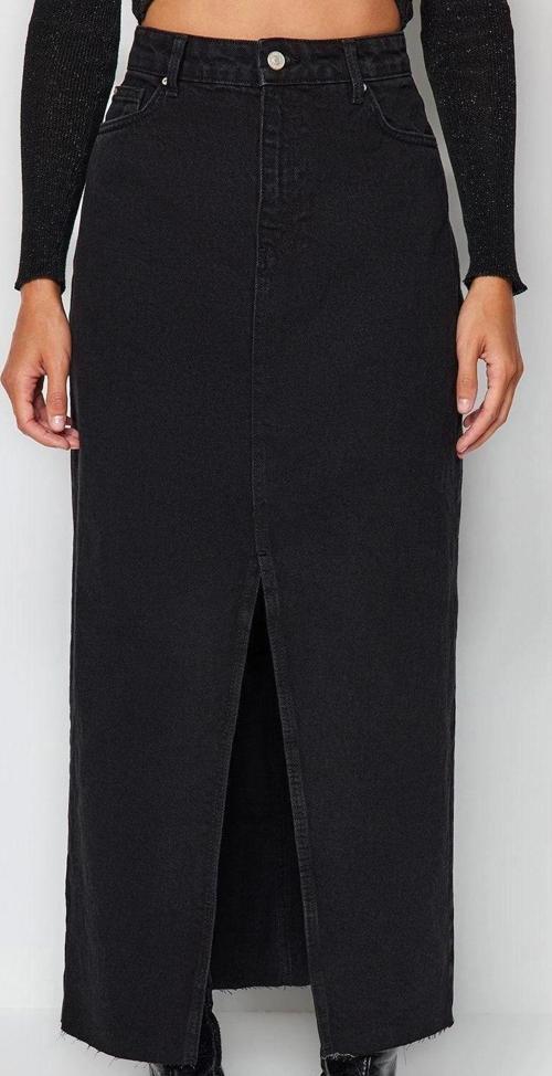 Moda Denim Düz Desen Günlük Maxi Boy Yırtmaçlı Maxi Denim Etek