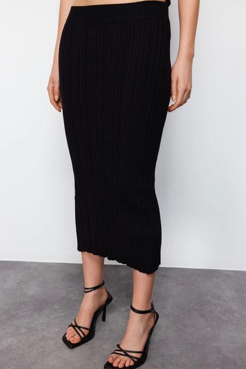 Moda Bodycon Düz Desen Günlük Midi Boy Triko Premium İplik Özel İplik Etek