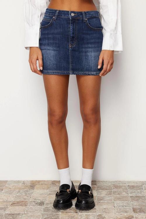 Moda Denim Düz Desen Günlük Mini Boy Düşük Bel Mini Denim Etek