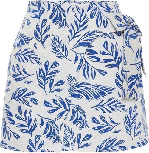 Moda Regular Çiçekli Desen Günlük Mini Boy Bağlama Detaylı Kruvaze Dokuma Keten Görünümlü Etek